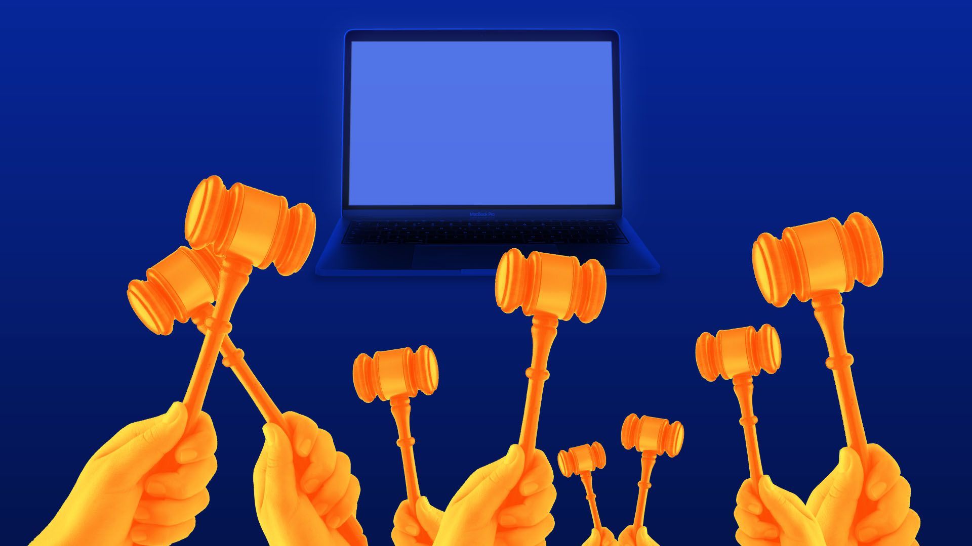 Illustration of collection of hands holding gavels in front of a laptop