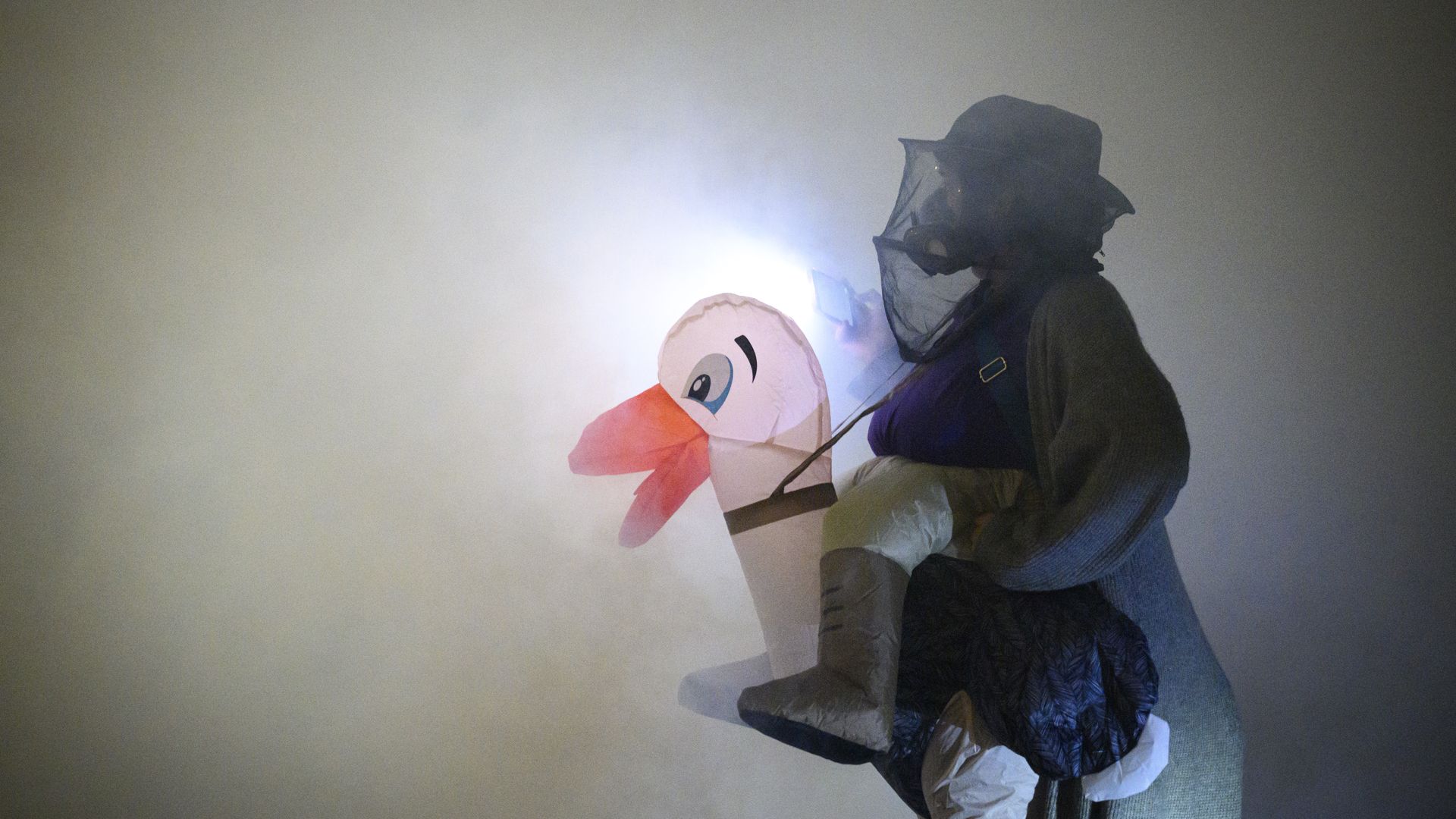 A person wearing aa gas mask in an inflatable costume that makes them look like they are riding a giant duck stands amid clouds of tear gas with a bright light behind.