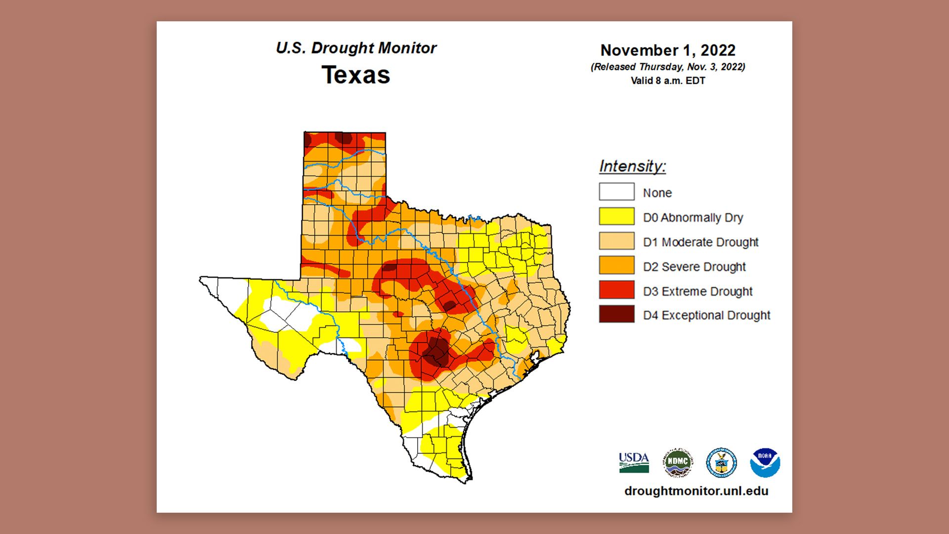 Drought map of Texas