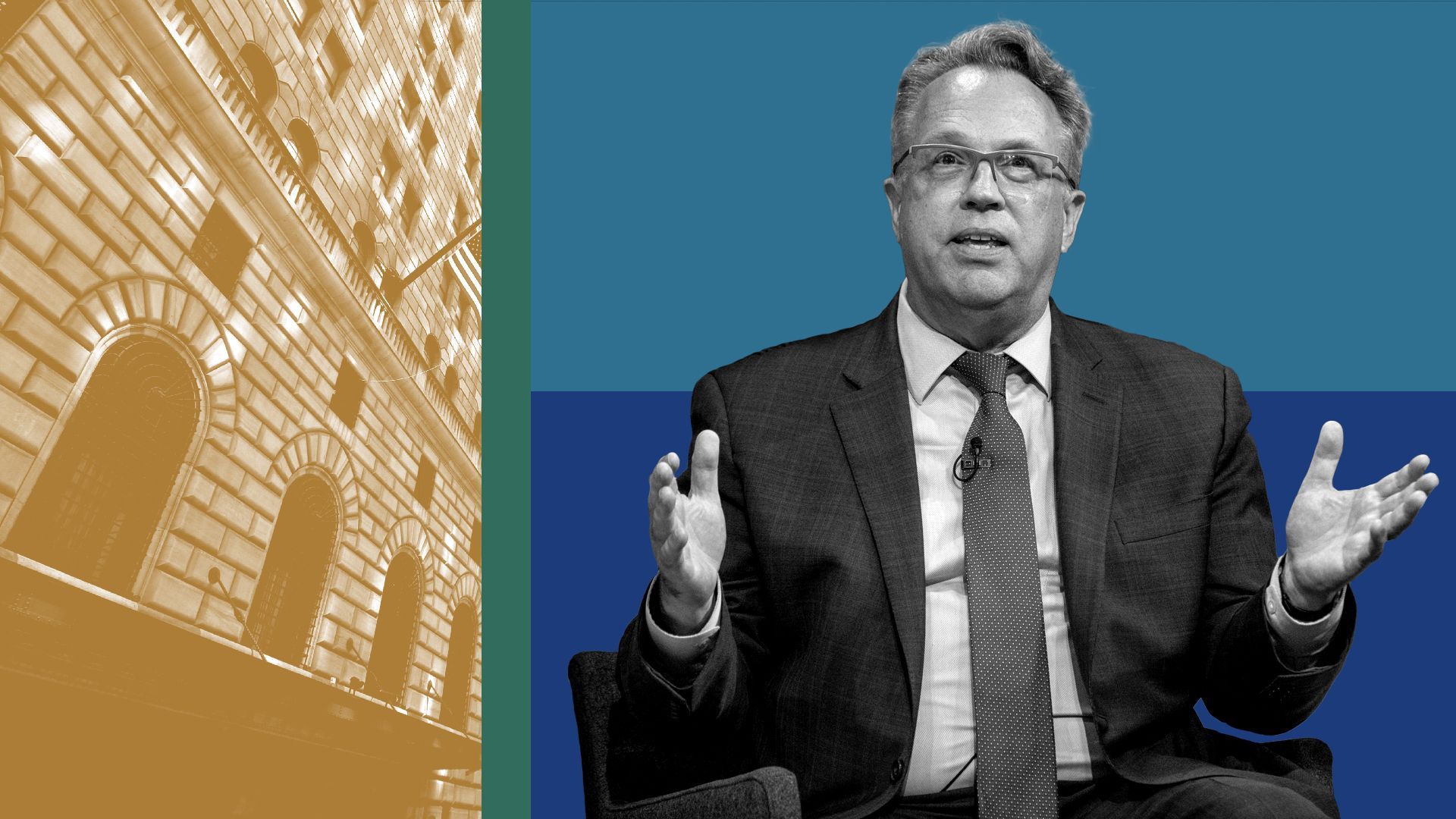 Photo illustration of John Williams, the New York Federal Reserve Bank and abstract shapes.
