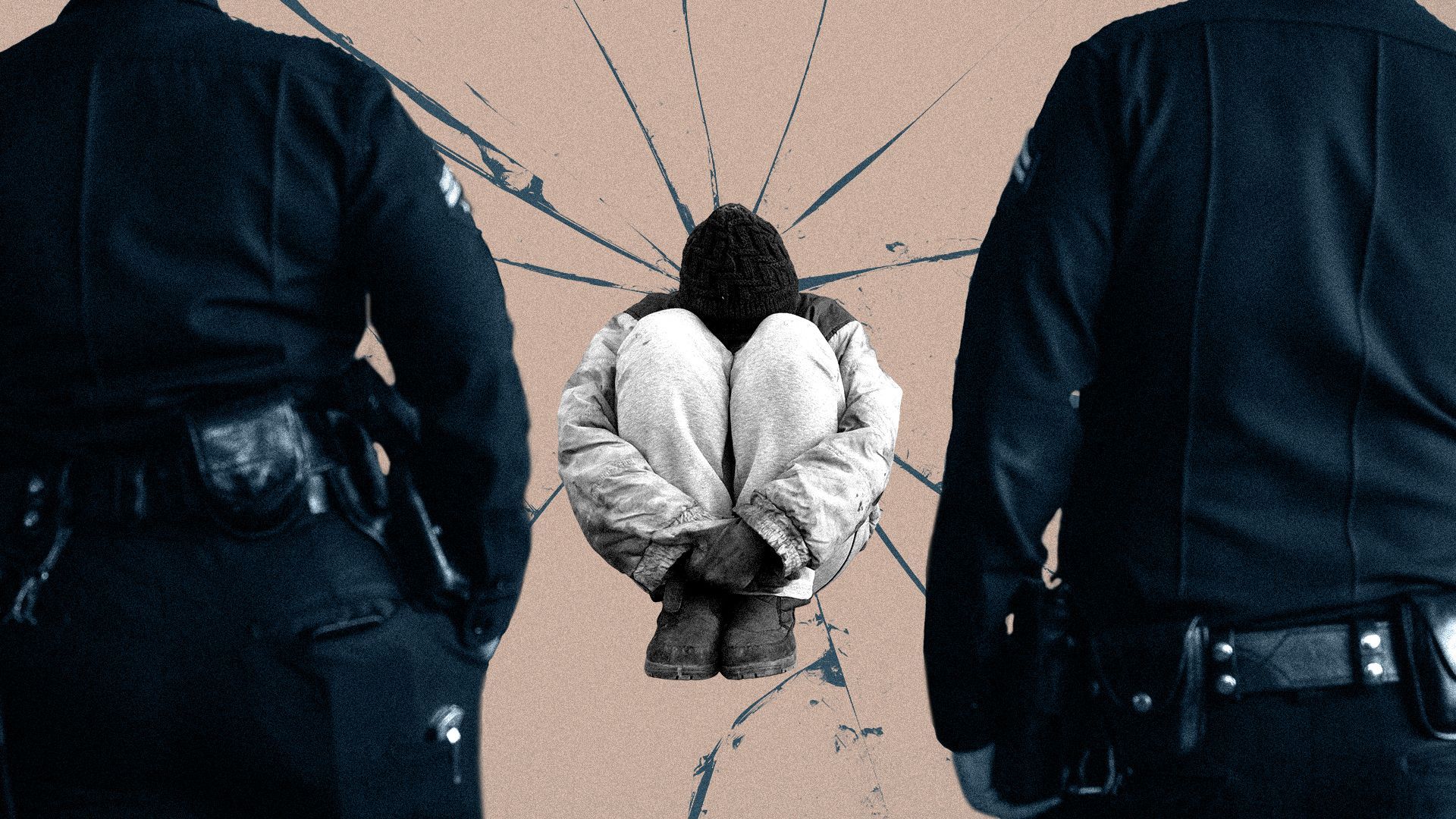 Photo illustration of a homeless woman flanked by two police officers with cracked glass in the background.