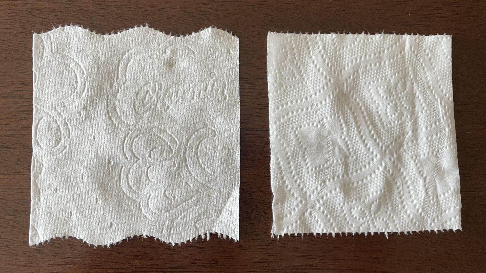 a scalloped-edged square of toilet paper on the left, side by side with a straight-edged square of toilet paper on the right