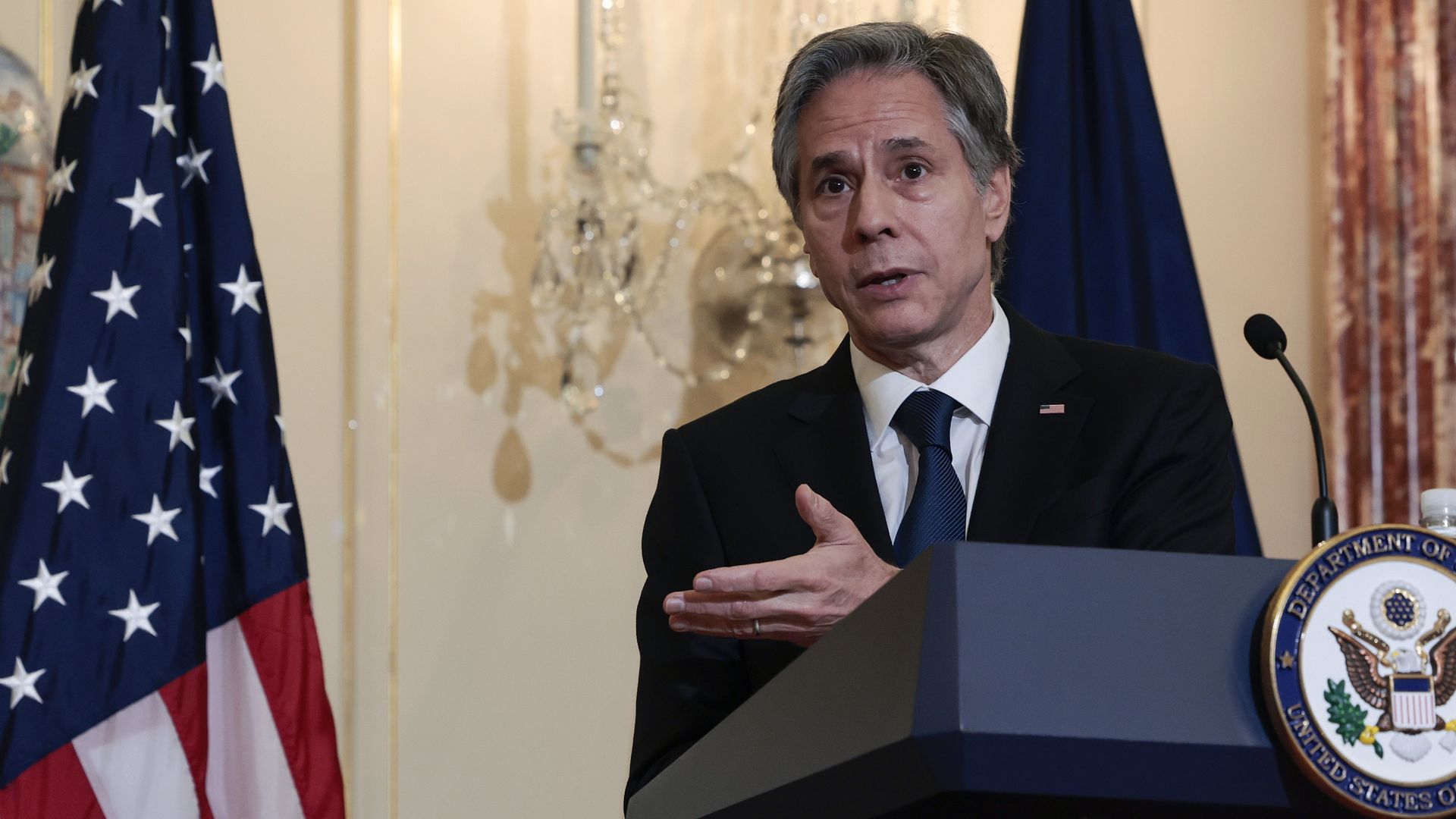 Secretary of State Antony Blinken speaks during a press conference in the Benjamin Franklin room of the State Department on June 01, 2022 in Washington, DC.