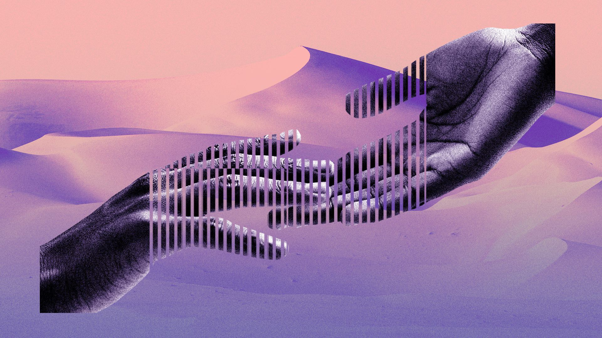 Illustration of hands reaching for each other over a desert landscape.