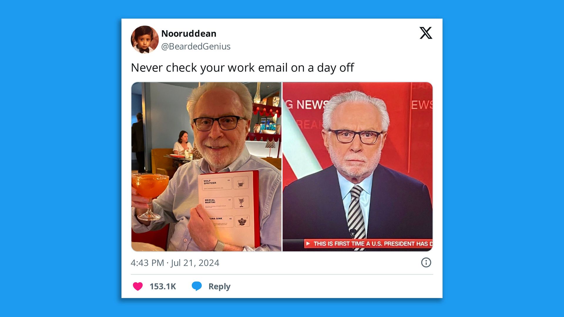 Wolf Blitzer holding a menu and his cocktail at El Presidente (left) and on air (right)