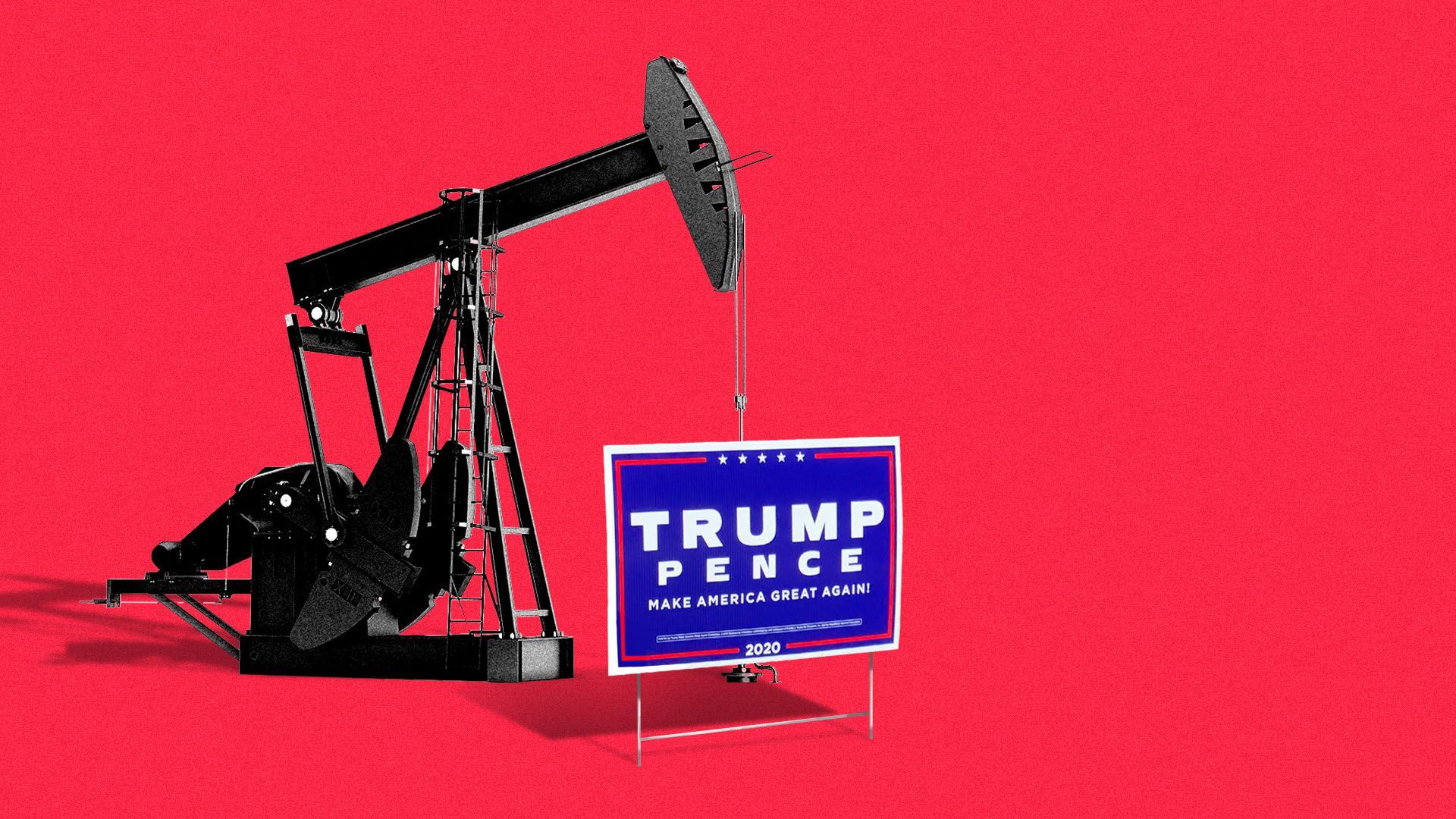 Illustration of an oil well with a Trump Pence lawn sign in front