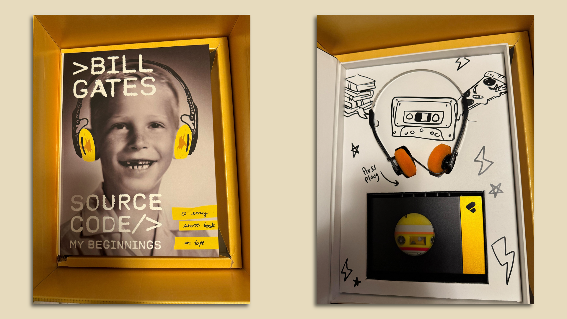 Two images of the press mailer for Bill Gates' "Source Code" which included a tape deck and a tape with Gates reading an excerpt from the book.