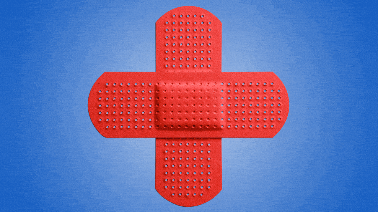 Animated illustration of a health plus made up from two bandaids, rotating between a plus shape and an "x" shape. 