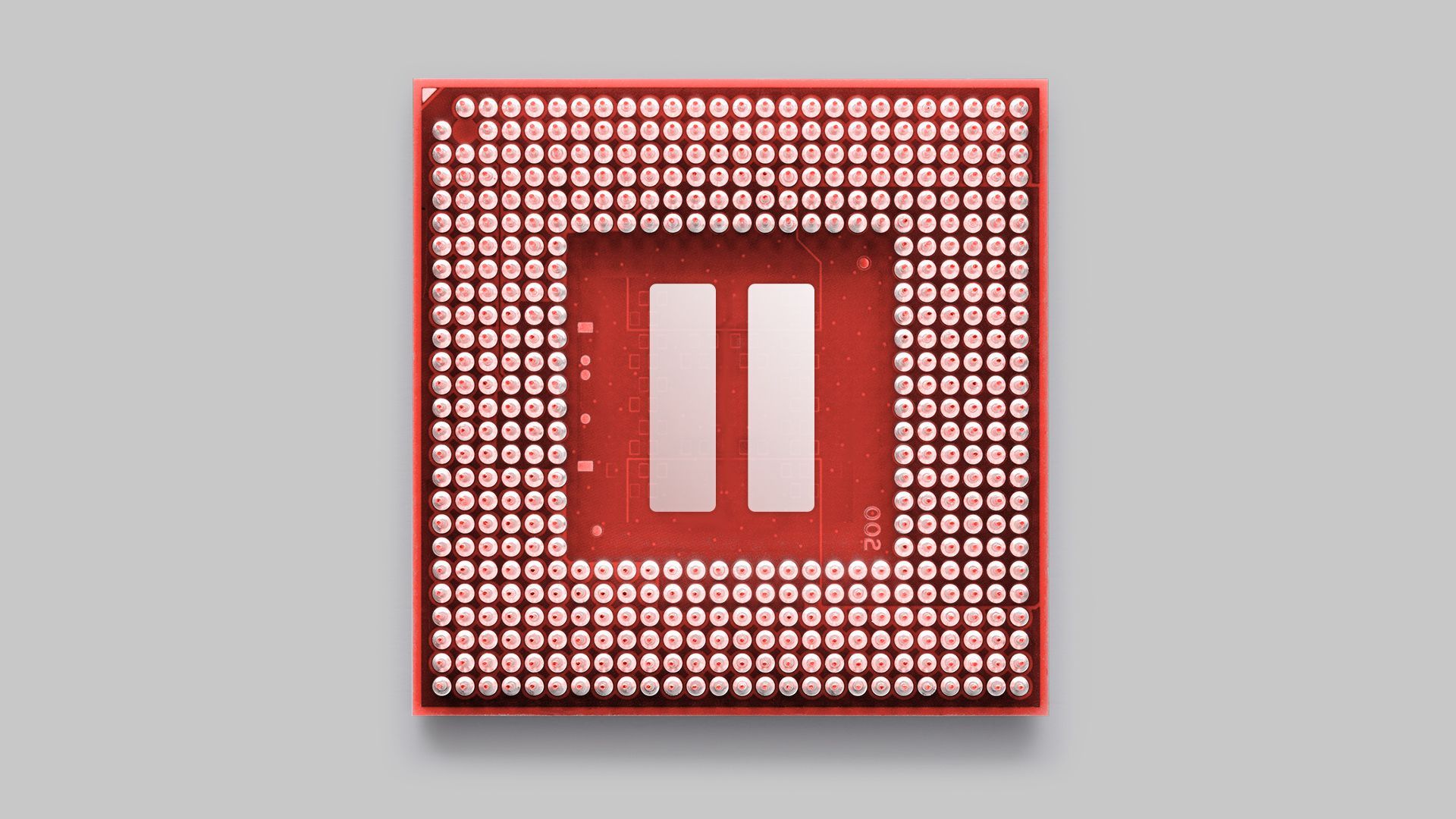 Illustration of a computer chip with a pause button in the center.  
