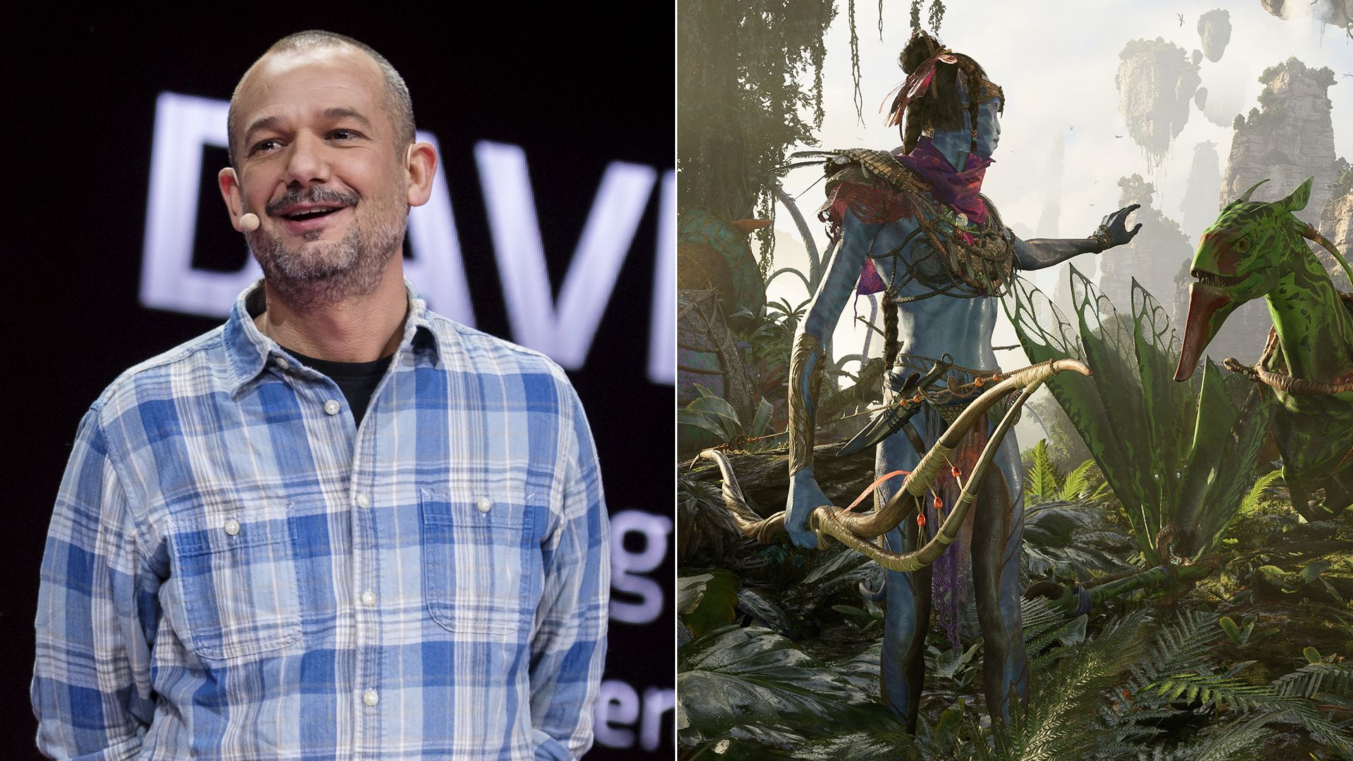 Photo of David Polfeldt and a screenshot of the upcoming Avatar game