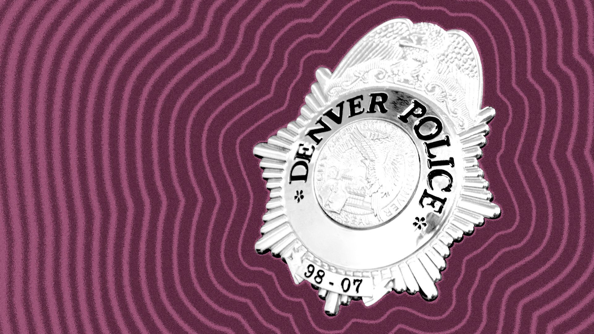 Photo illustration of a Denver police badge with lines radiating from him.