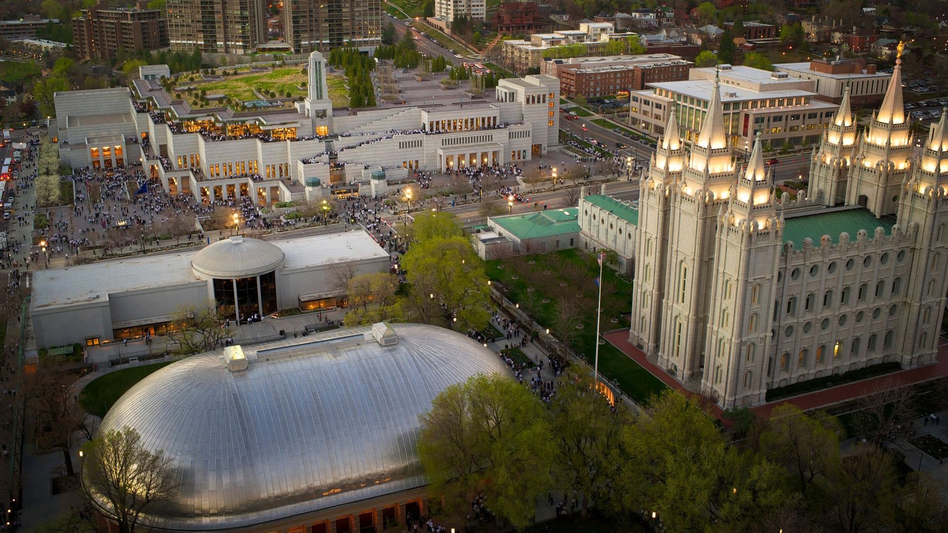 An aerial view of the Salt Lake City temple, visitors' center, Tabernacle, and Conference Center on Temple Square. Photo: Courtesy the Church of Jesus Christ of Latter-day Saints