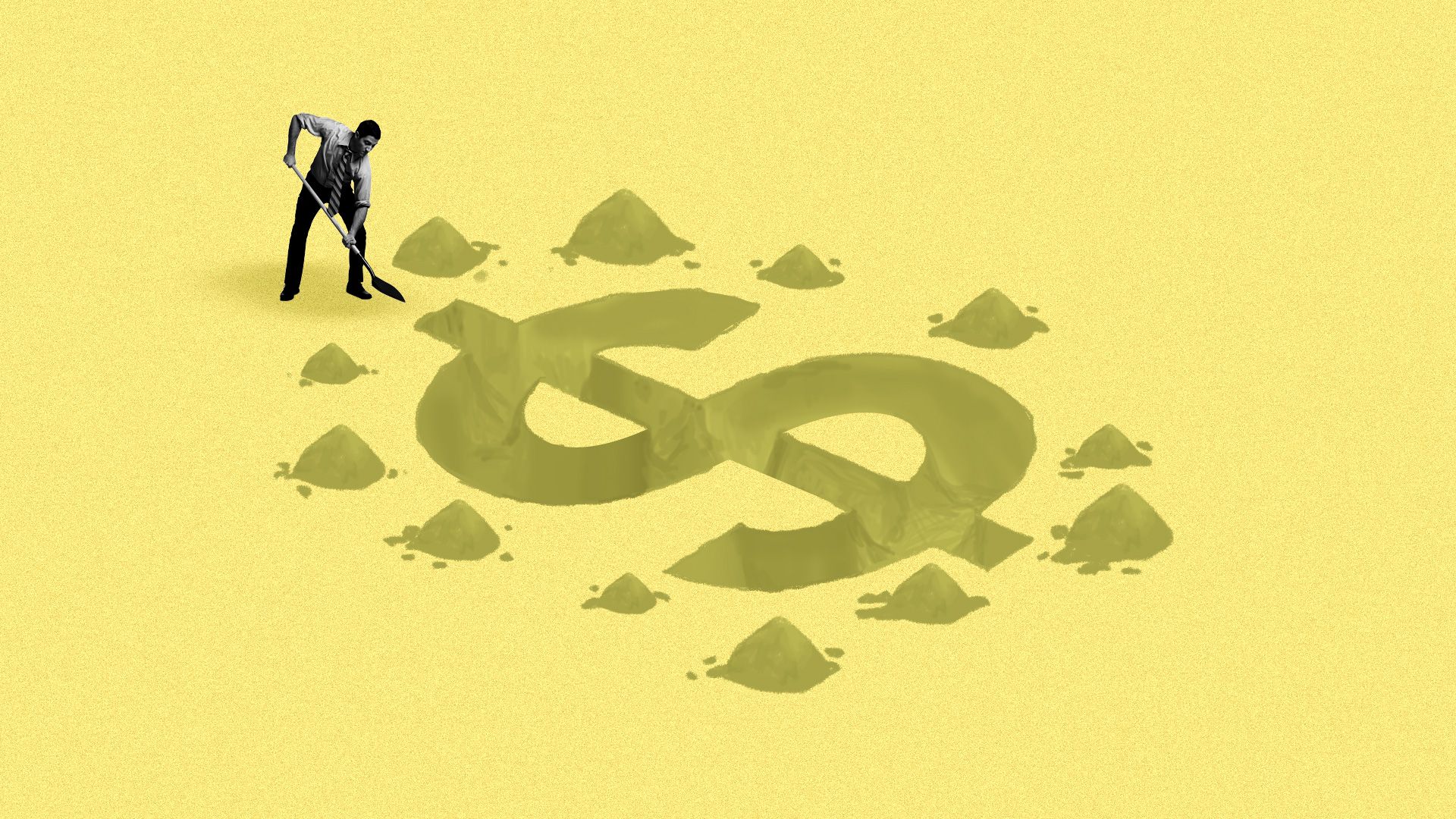 A businessman digging a trench in the shape of a dollar sign.