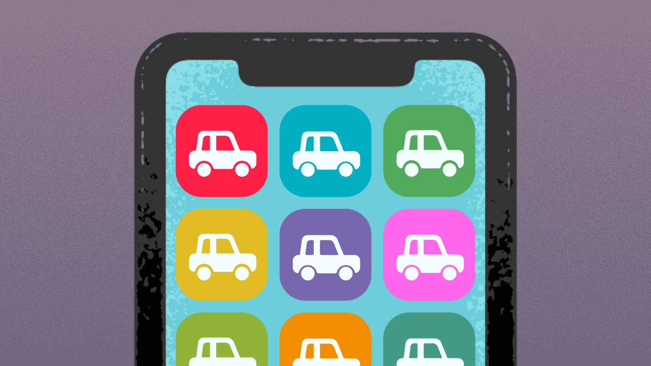 Animated illustration of a phone with 9 rideshare app icons, and car logos driving from one to the next. 