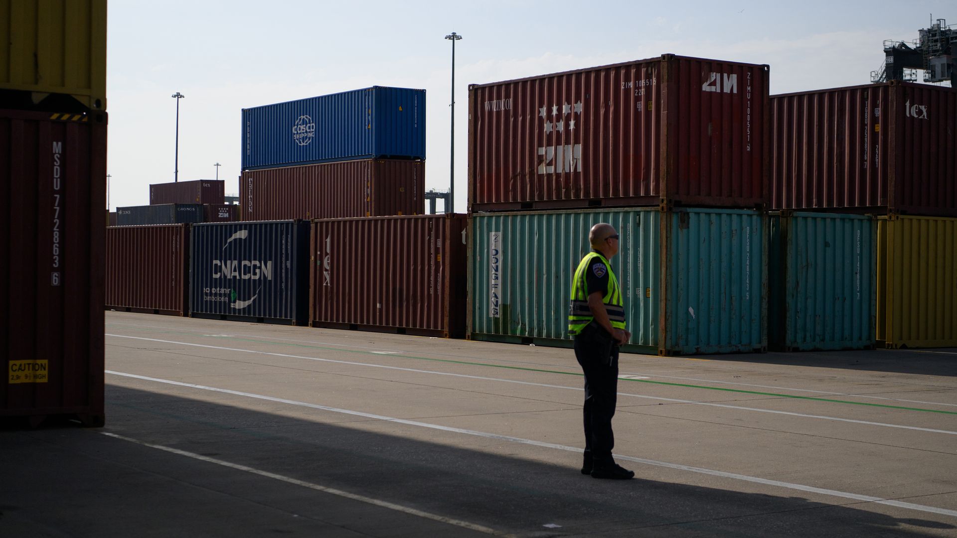 A worker at the Bayport Container Terminal at the port of Houston in Seabrook, Texas, US, on Thursday, May 22, 2025