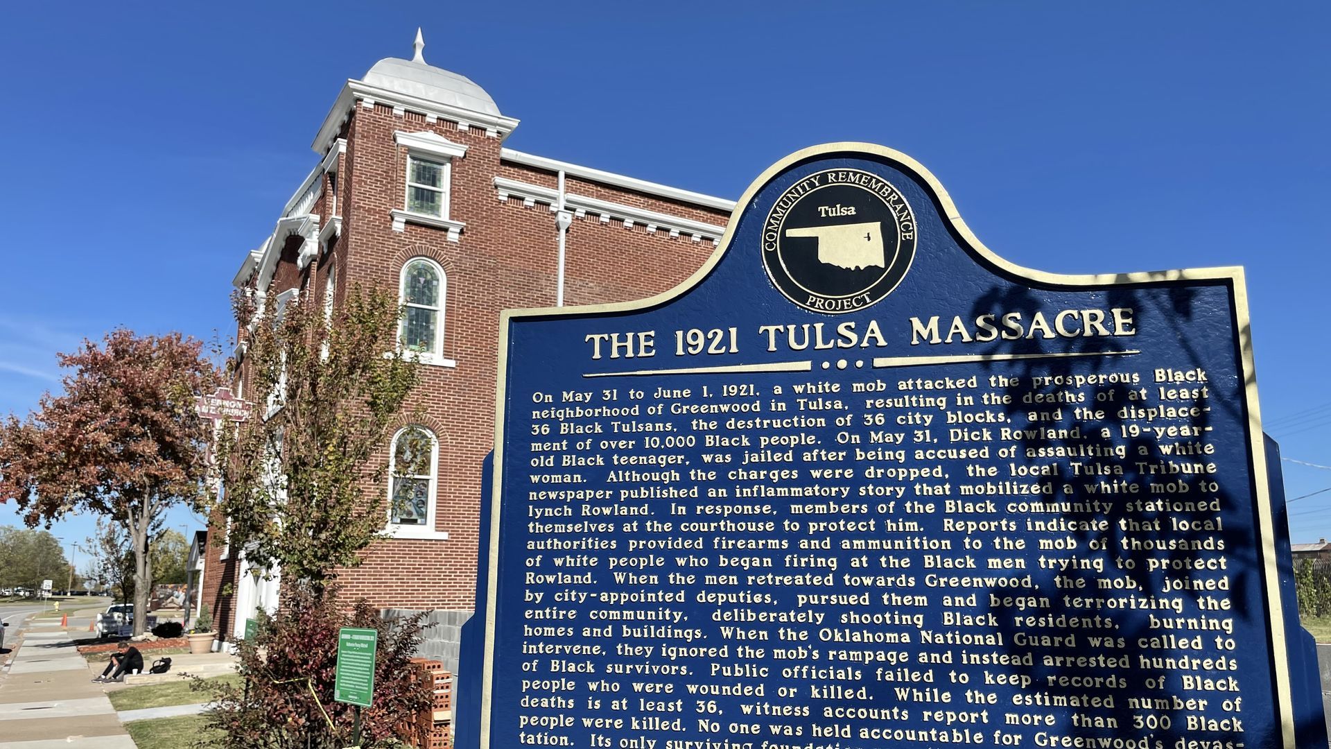 A sign marks the site of the Tulsa Massacre in this November 2021 photo. 