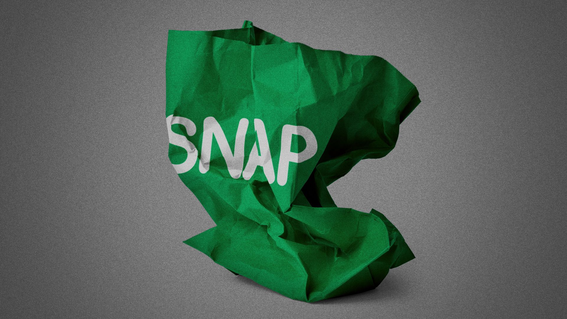 Illustration of a crumpled up green paper bag that says "SNAP" on it. 