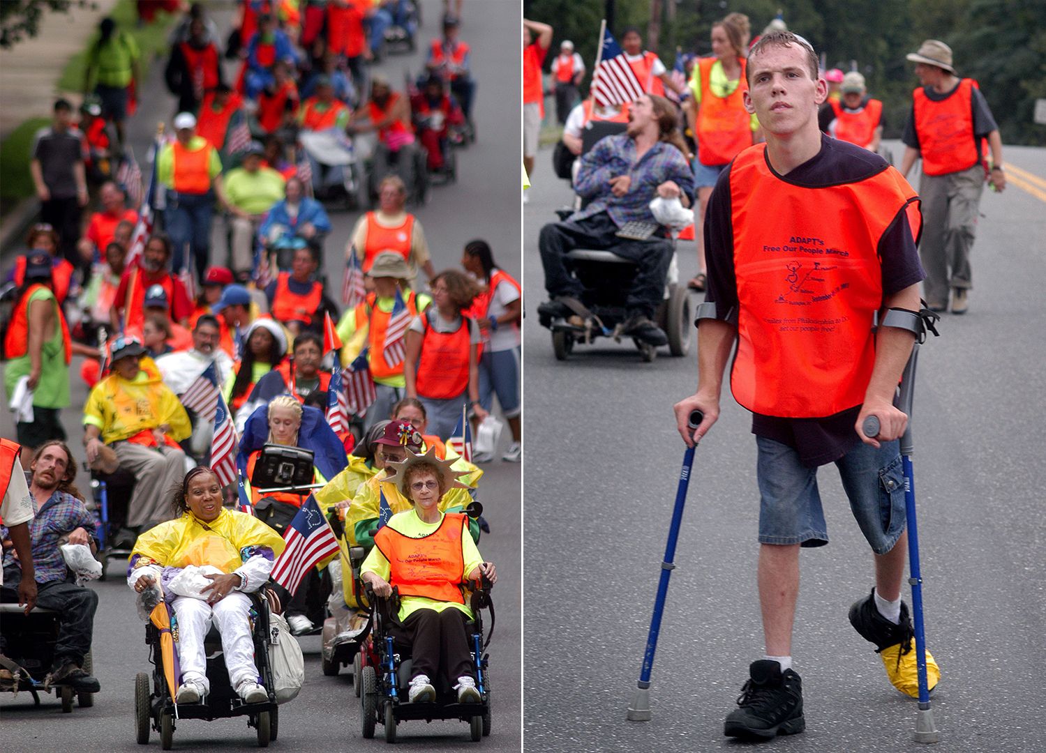 A diptych: on the left, a crowd of people in wheelchairs riding down the street. On the right: a person uses braces to walk down the street.