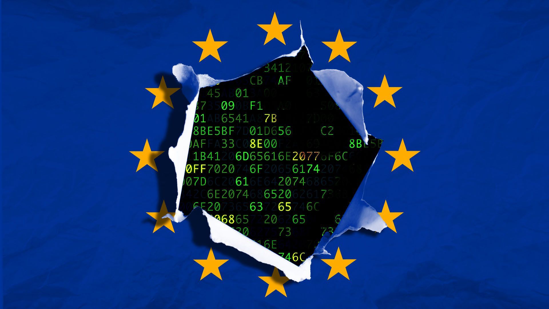 Illustration of the EU flag with a hole in it revealing code beneath
