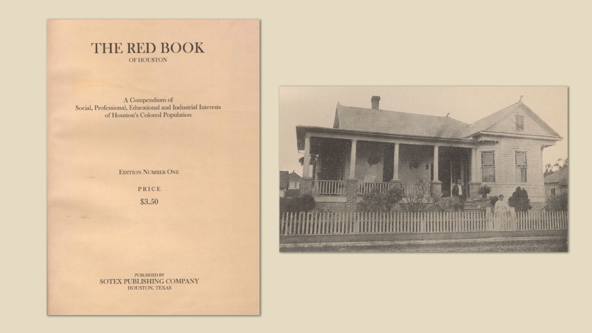 Cover of "The Red Book of Houston," a beige page listing it as a compendium on Houston's colored population, priced $3.50, alongside a black-and-white photo of a large house with a porch and a white picket fence.