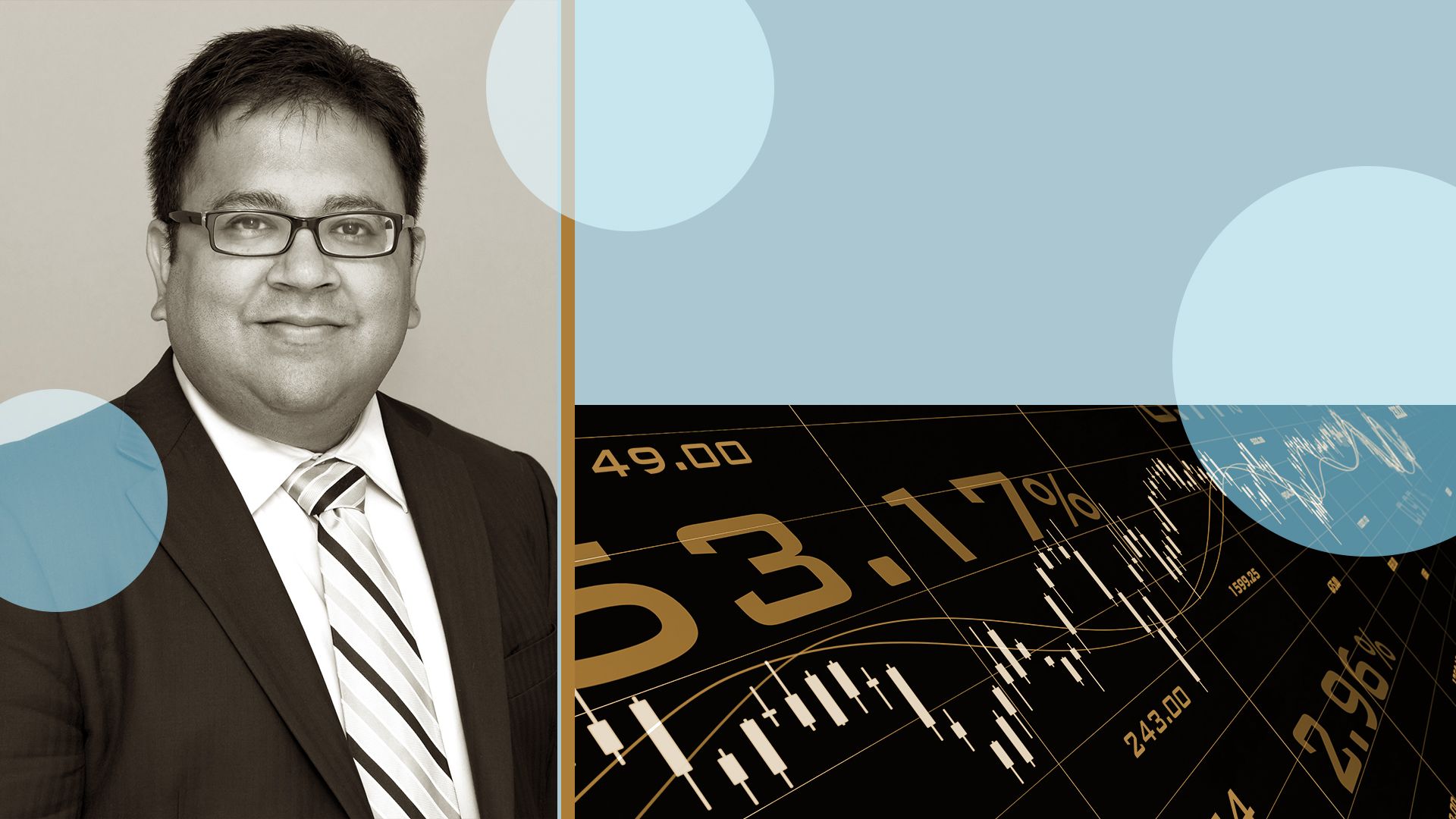 Photo illustration of Rajib Chanda next to a stock chart and abstract shapes.