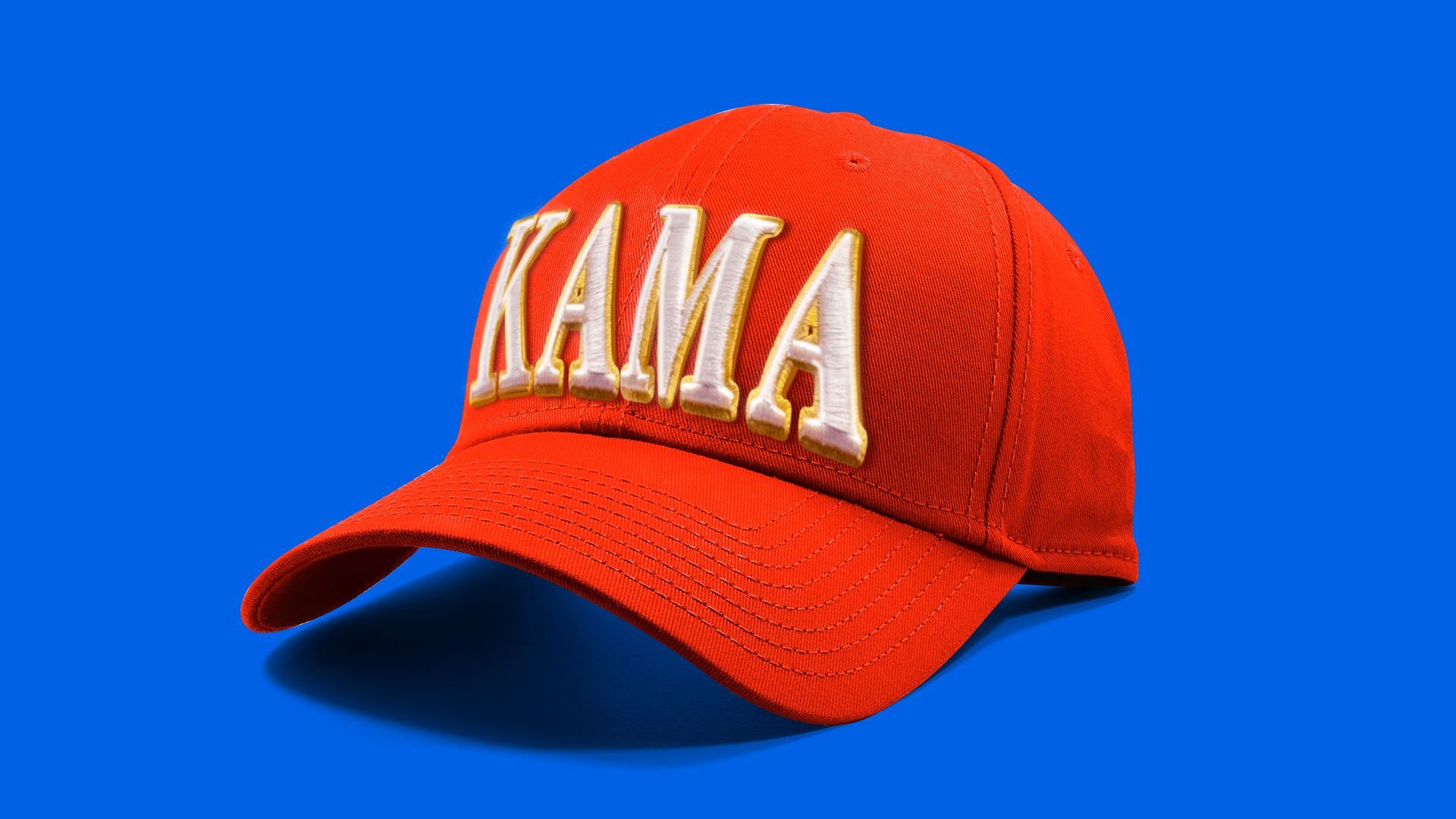 Illustration of a red fitted cap with the letters "KAMA" embroidered across the front. 