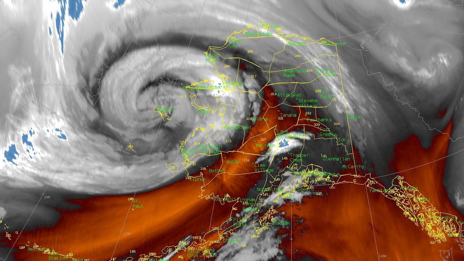 Satellite image of a major storm that struck Alaska's western coast.