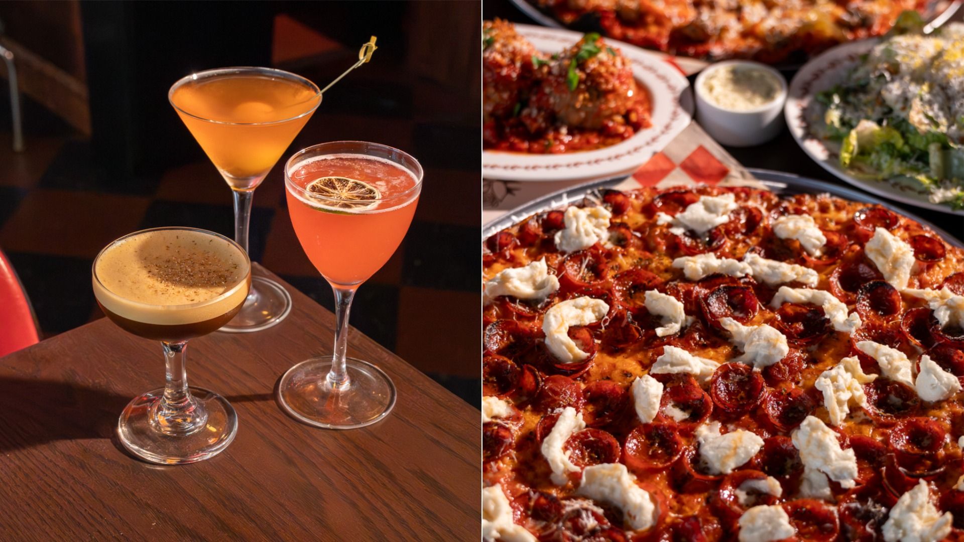 Left: three cocktails on a wooden table, including a golden martini, a pink cocktail with a lemon wheel, and a frothy brown drink. Right: pepperoni pizza with ricotta and side dishes.