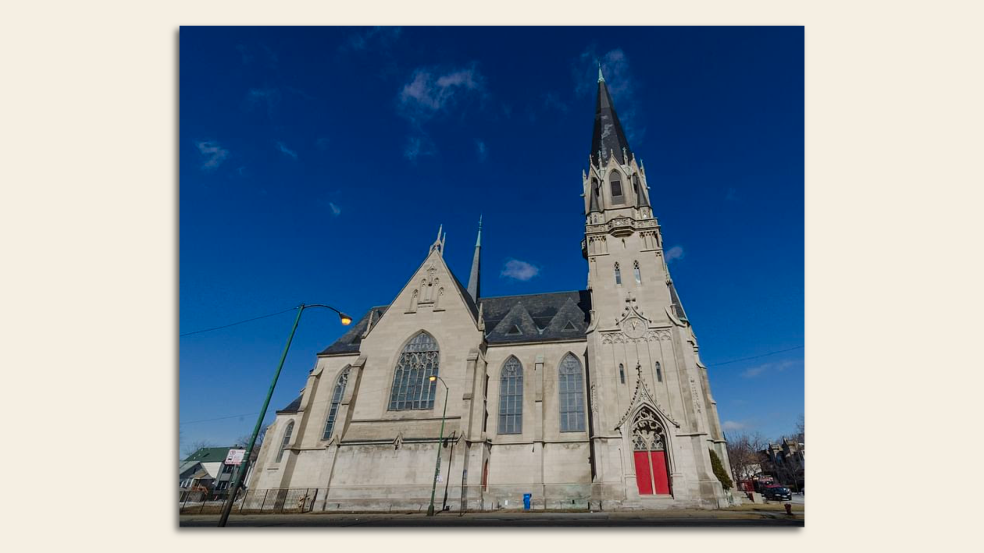 Shot of Italianate Church with red door.