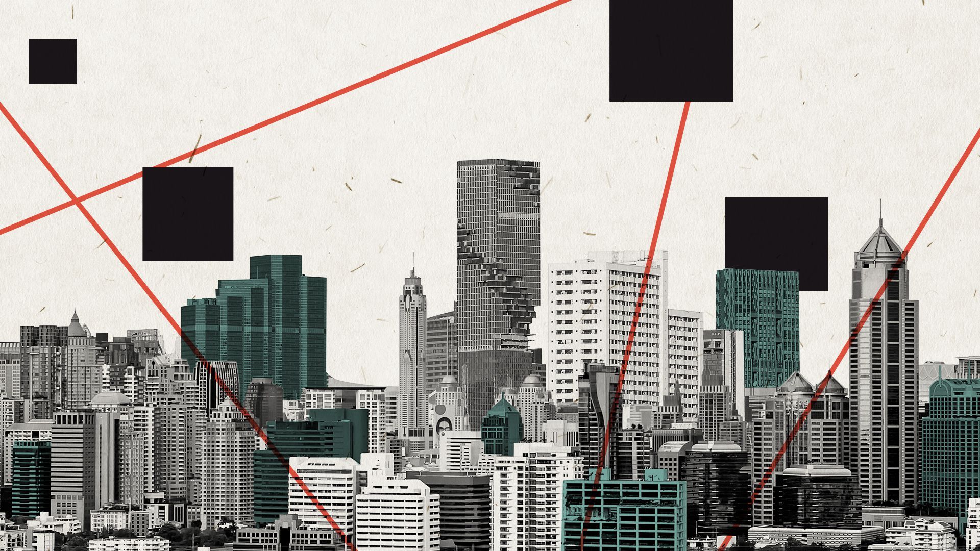 Illustration of a city skyline surrounded by lines and shapes.   