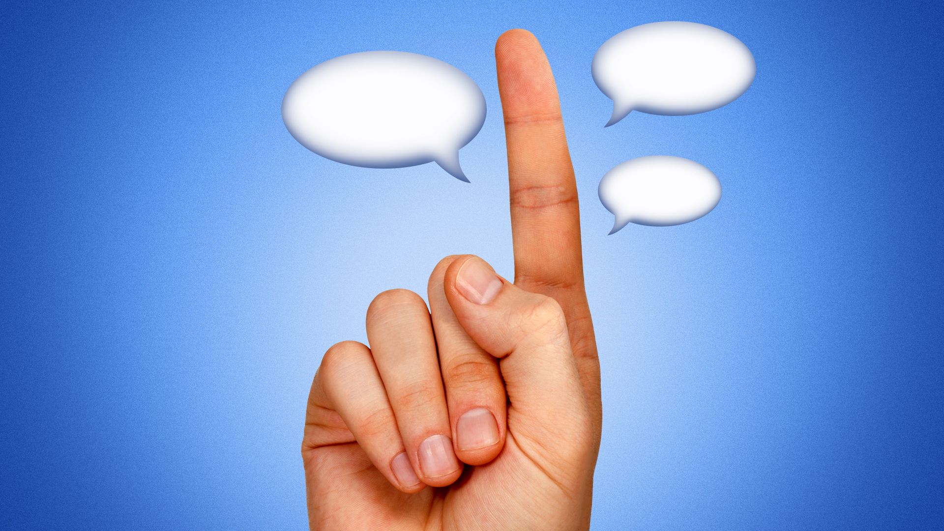 Illustration of a finger pointing up with various thought bubbles surrounding it