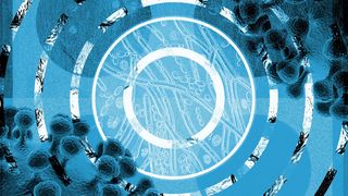 Illustration collage of concentric circles, images of bacteria and COVID.