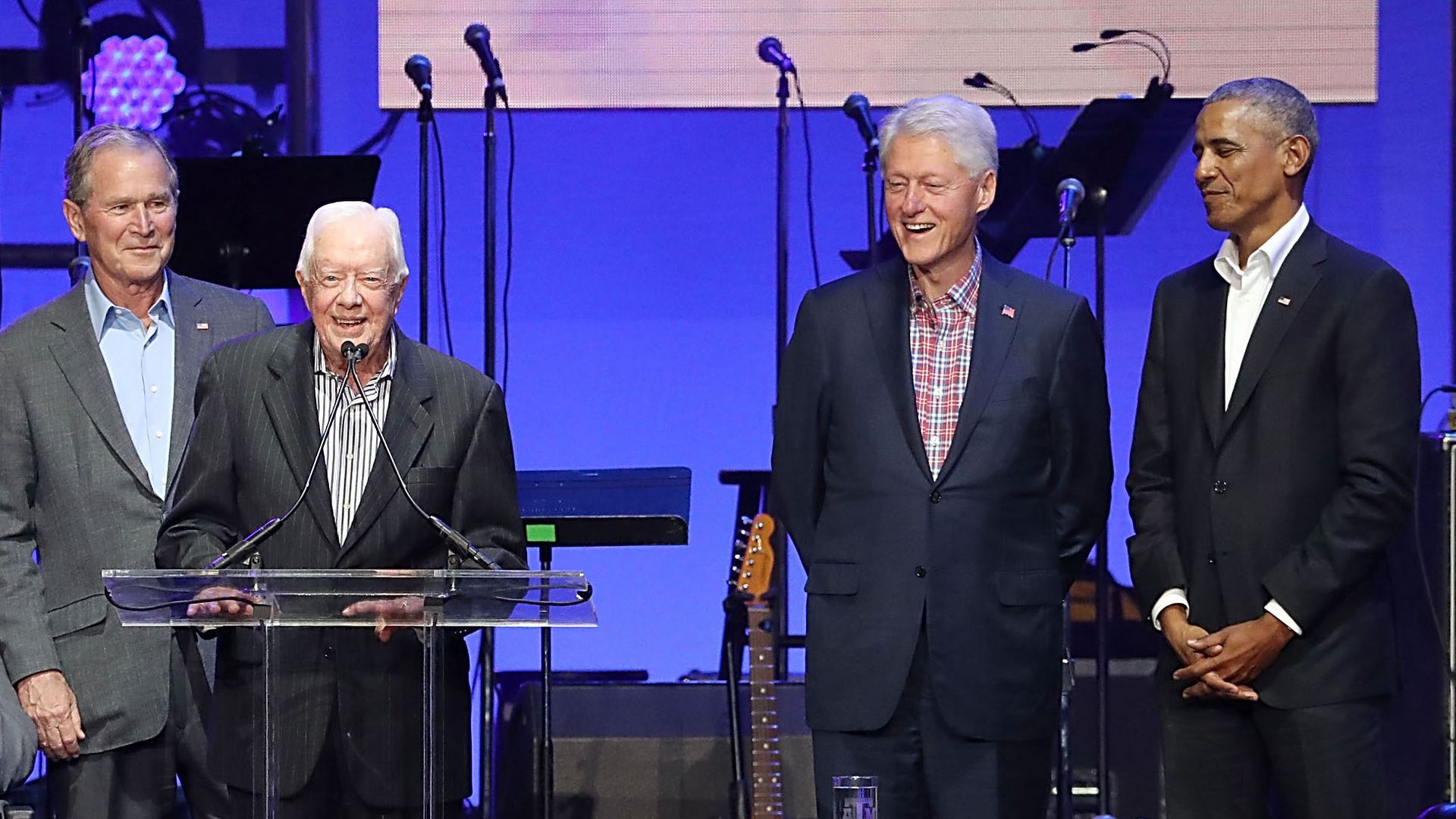 Former United States Presidents George H.W. Bush, George W. Bush, Jimmy Carter, Bill Clinton and Barack Obama at a concert at Reed Arena on October 21, 2017 in College Station, Texas.