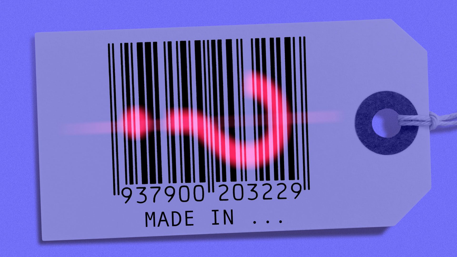 Illustration of a barcode on a tag with a laser beam in the shape of a question mark