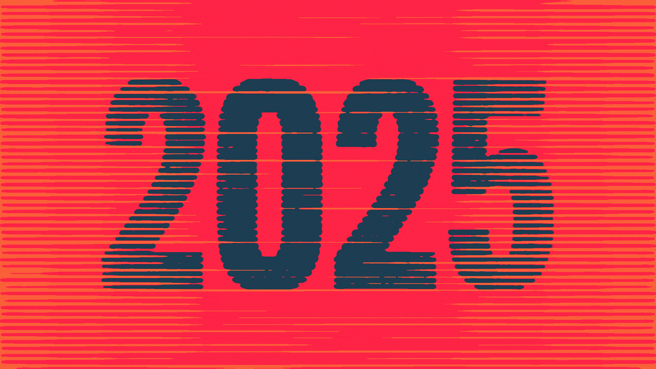 Animated illustration of moving lines making up the year 2025 falling away to reveal moving lines making two Axios logos rotated clockwise 90 degrees making a fast-forward icon.