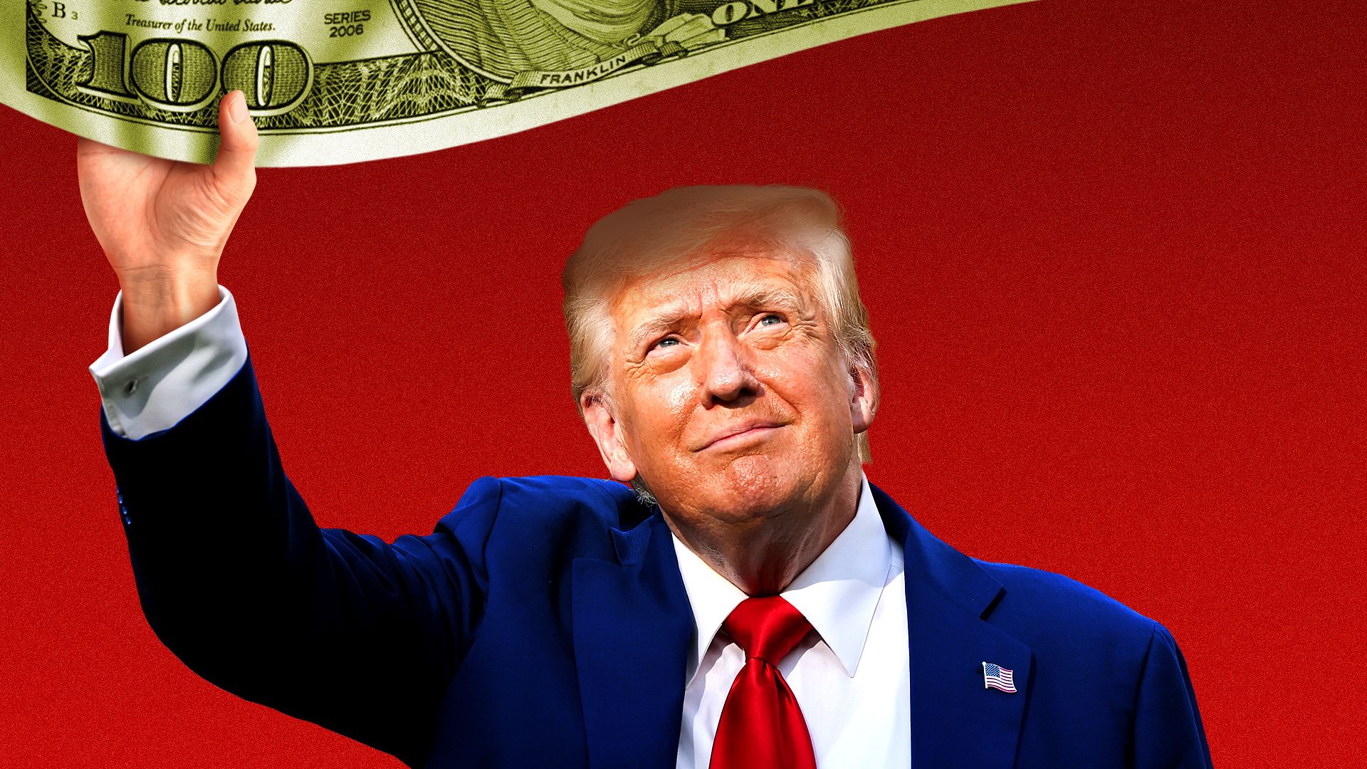 Photo illustration of President Trump tugging down on a hundred dollar bill