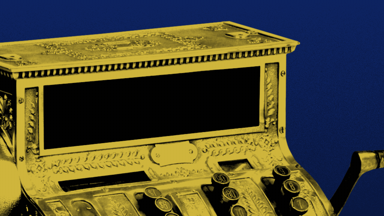 Animated illustration of an old-timey cash register, with four tabs with footballs on them popping up.