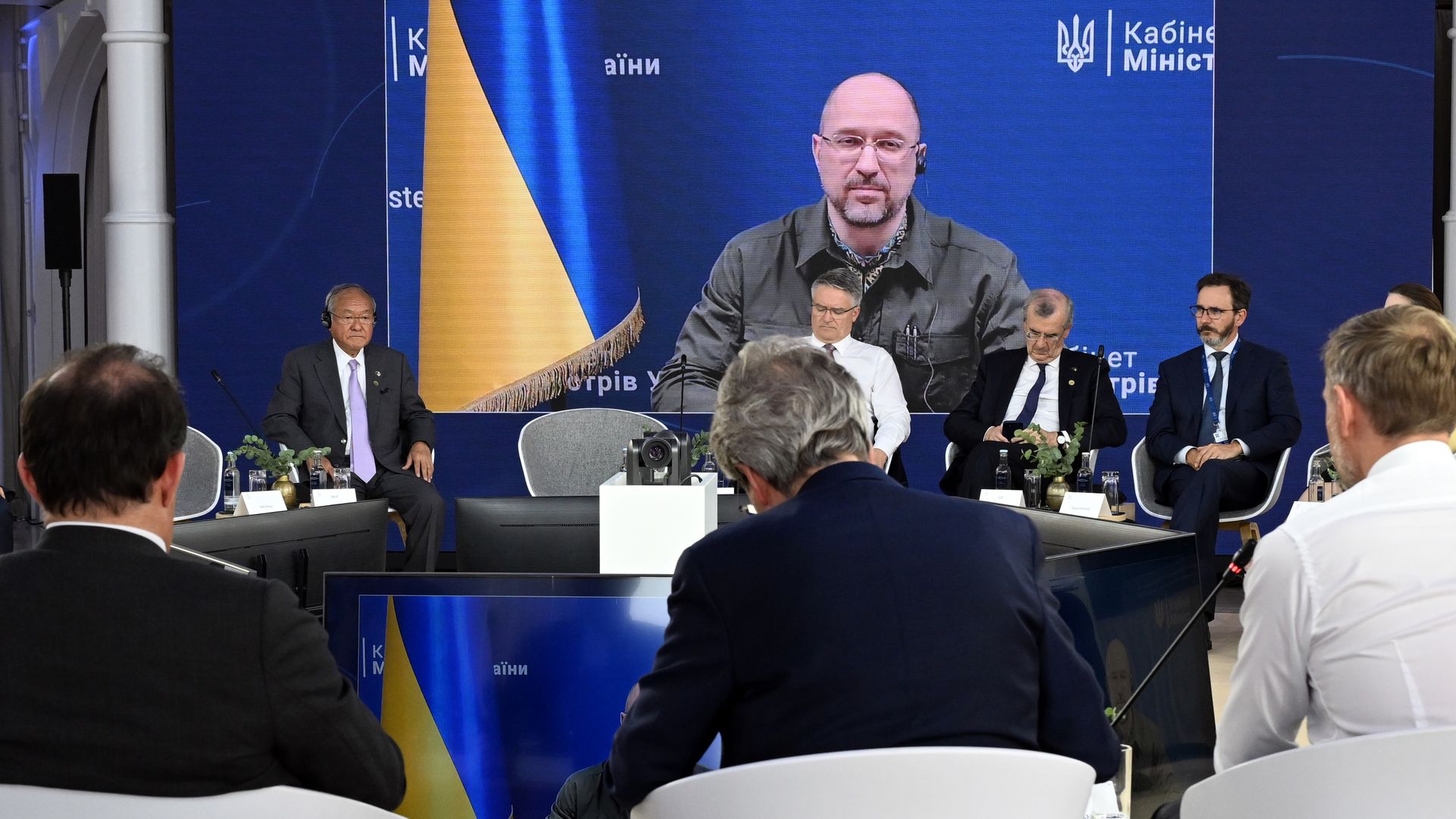Denys Shmyhal, Ukraine's prime minister, virtually attending a meeting with G7 finance ministers and central bank governors in Germany, on May 19.