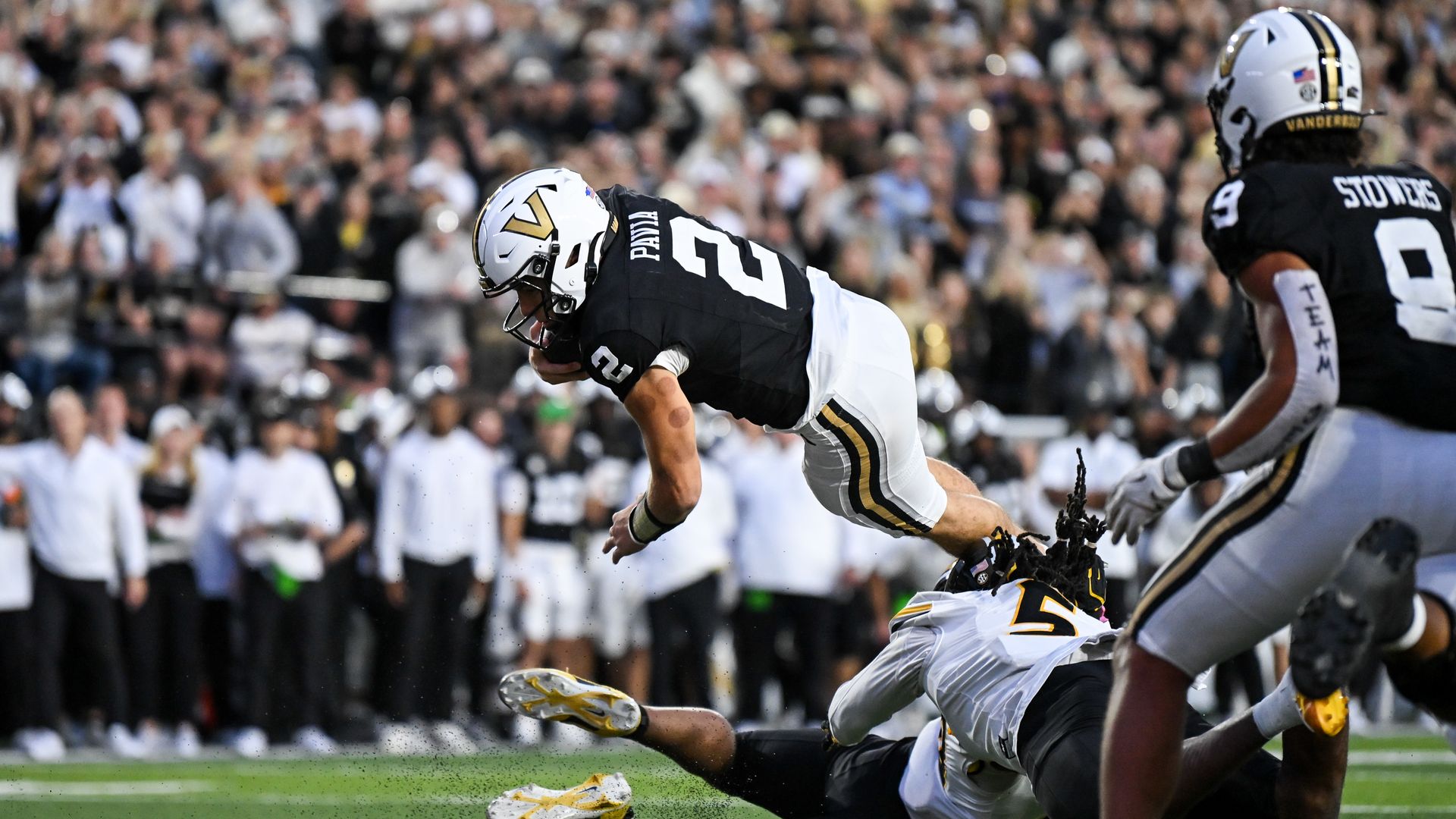 Vanderbilt's Diego Pavia dives for the endzone. 