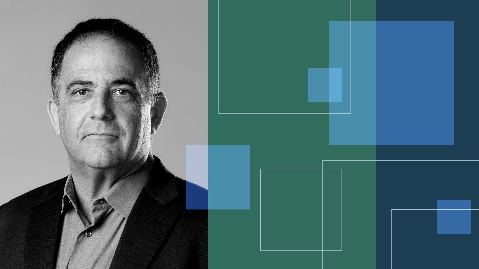 Photo illustration of Shlomo Kramer surrounded by abstract shapes. 