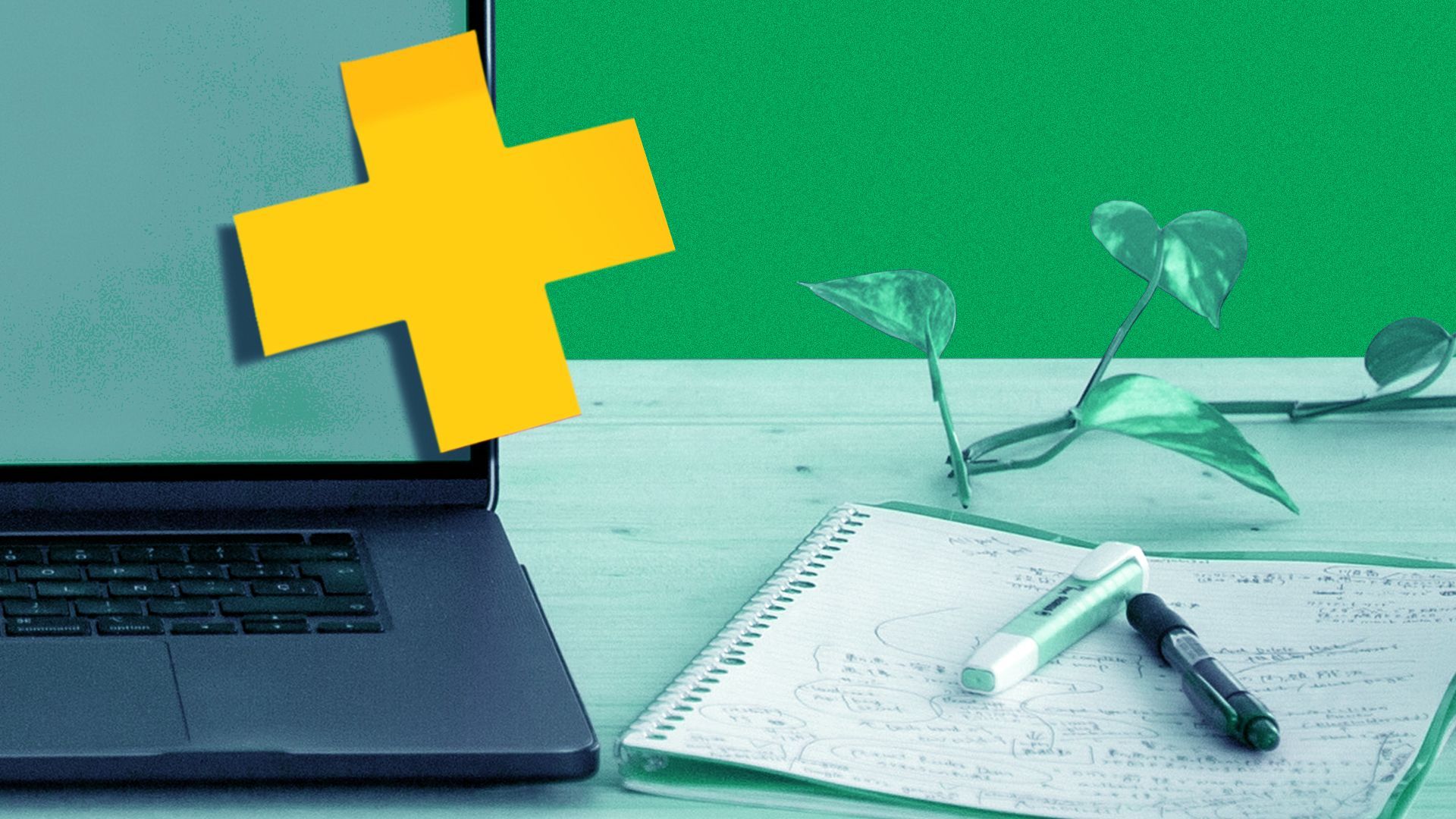 Illustration of a post-it not on a laptop in the shape of a healthcare cross