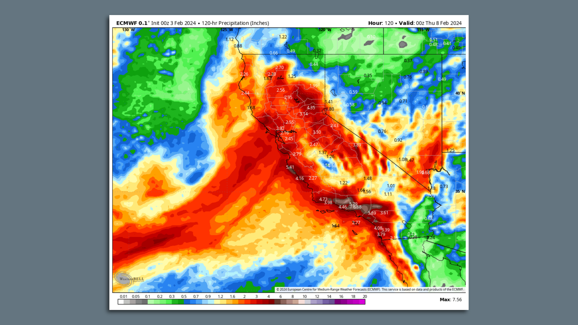 Computer model projection of total rainfall amounts in California through Feb. 8.