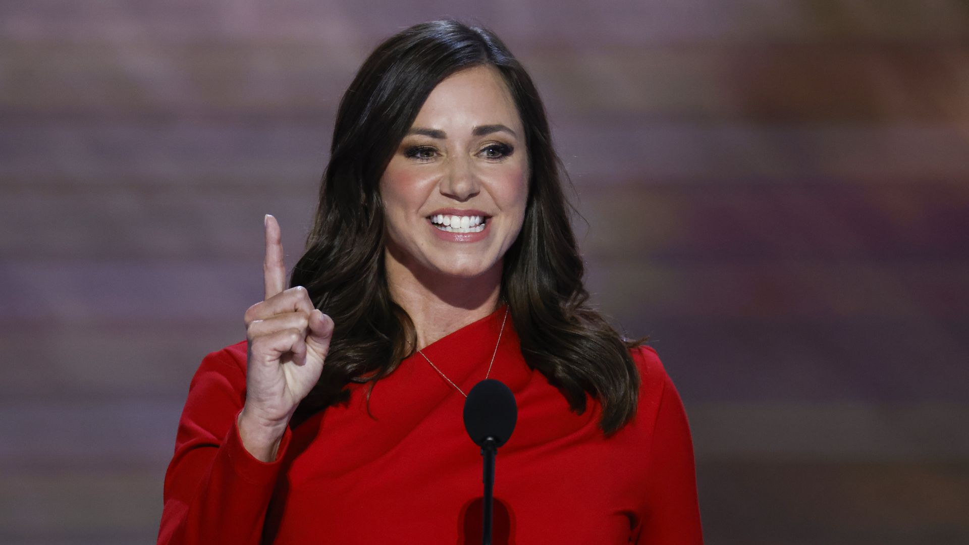 Sen. Katie Britt (R-AL) speaks on stage on the first day of the Republican National Convention