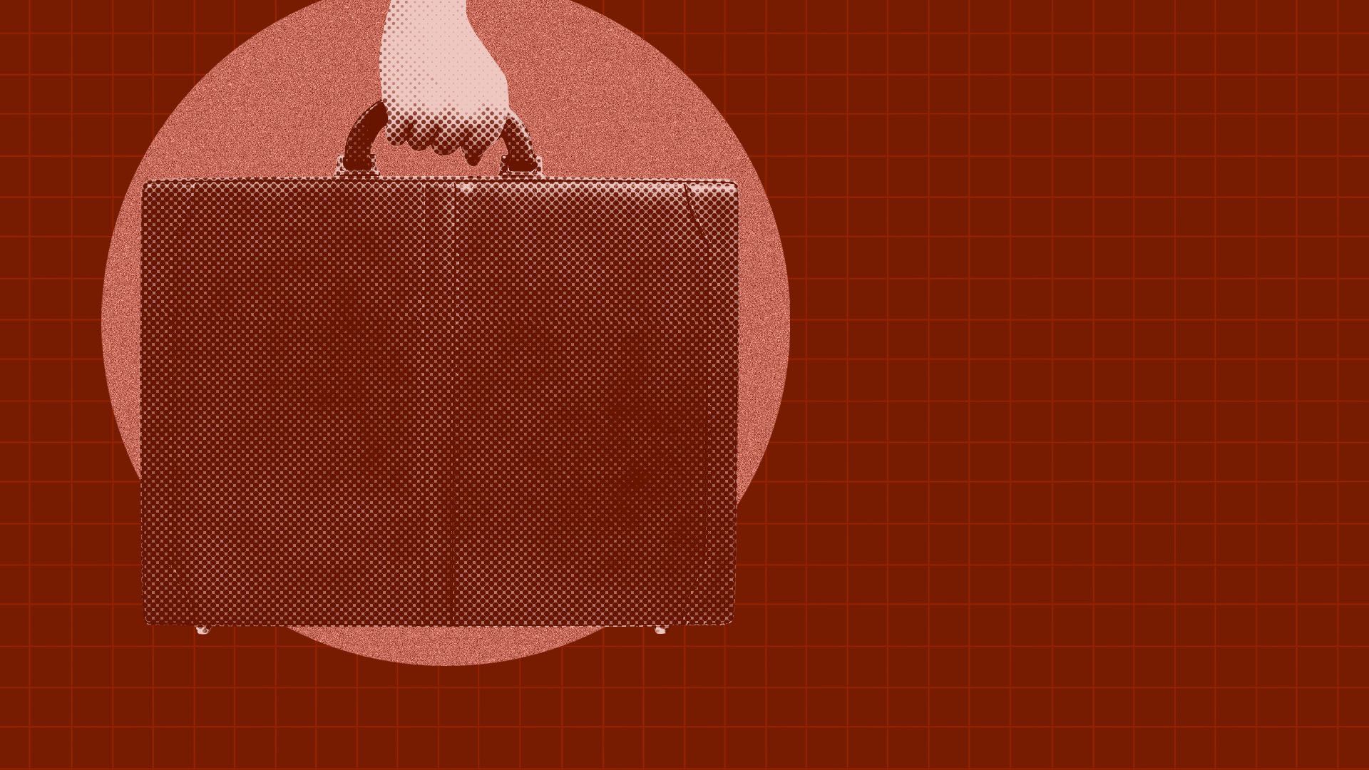 an illustration of a halftone briefcase on a rust colored background