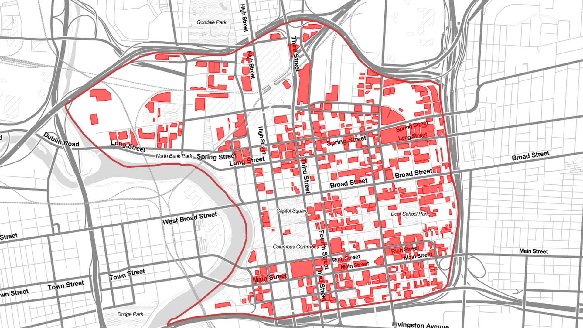 An overhead map shows the downtown parking areas of Columbus. 