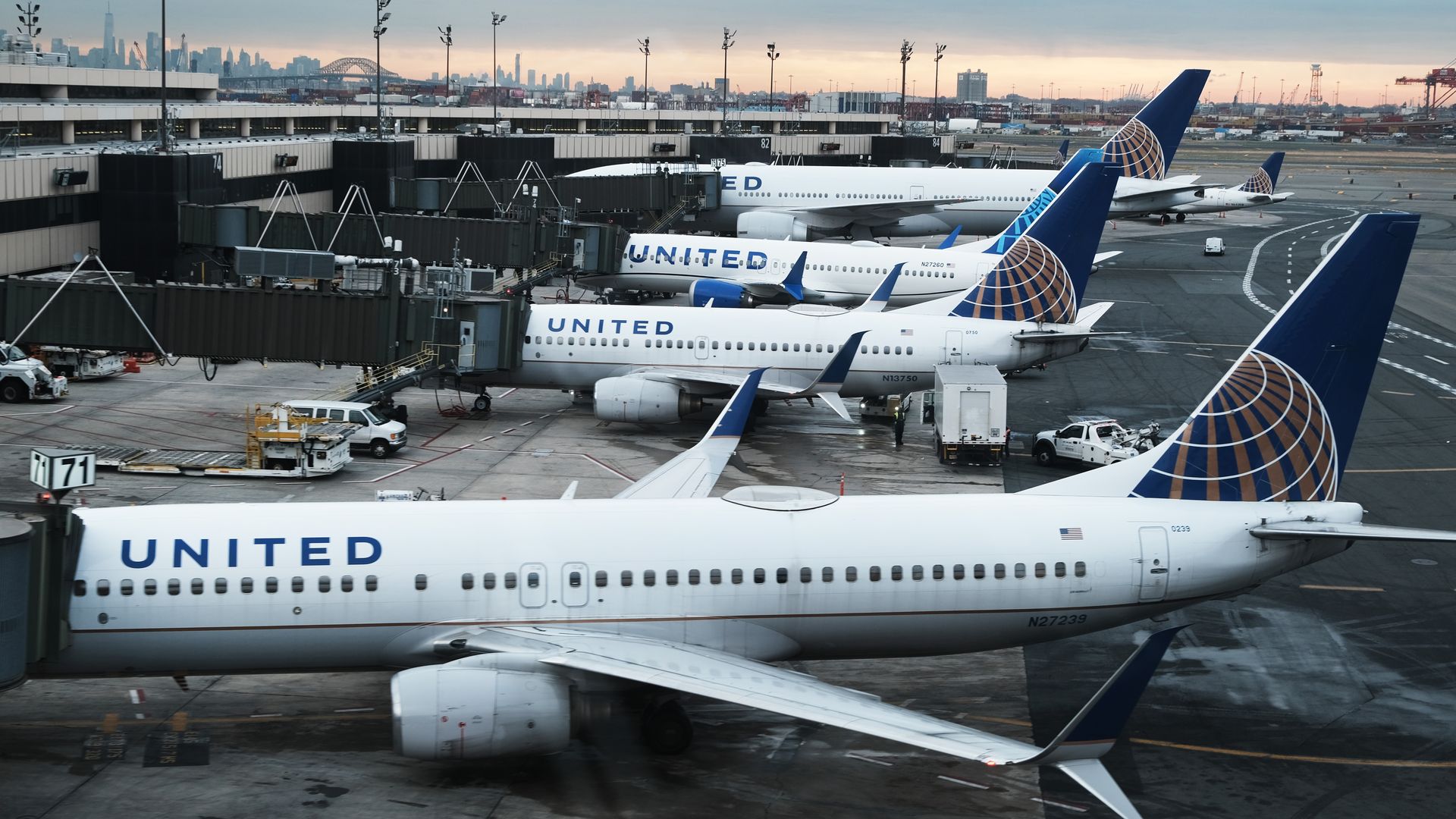 United planes at the terminal at Newark airport.