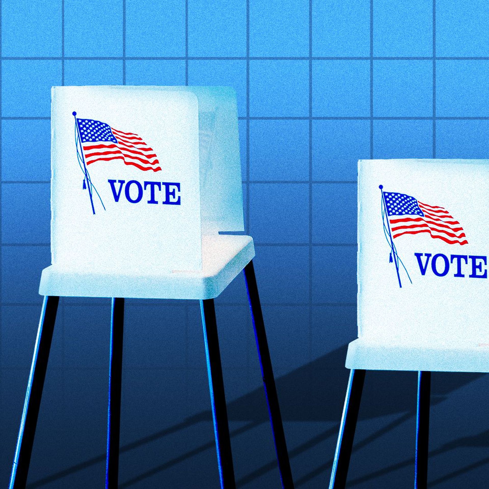 Illustration of descending voting booths forming a negative bar chart.