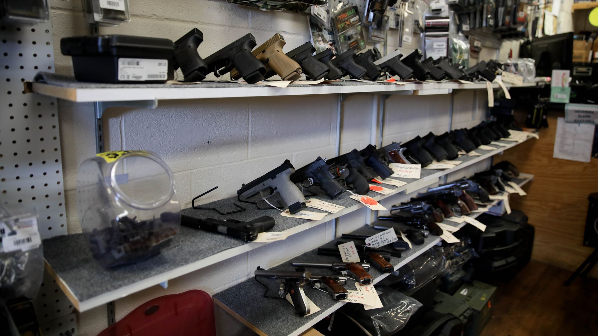 Weapons on display at a gun shop in Manassas, Virginia,