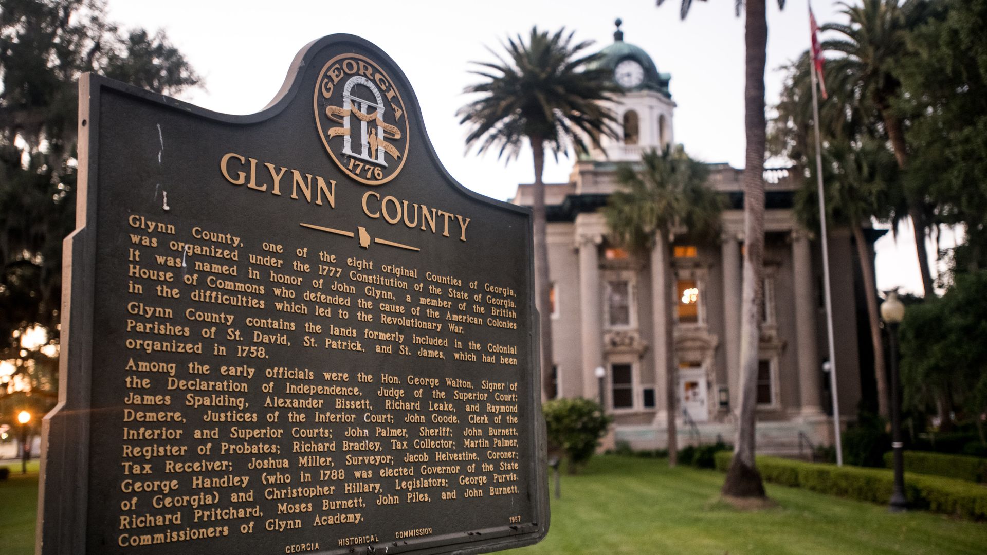 A marker stands in front of the historic Glynn County courthouse May 6, 2020 in Brunswick, Georgia