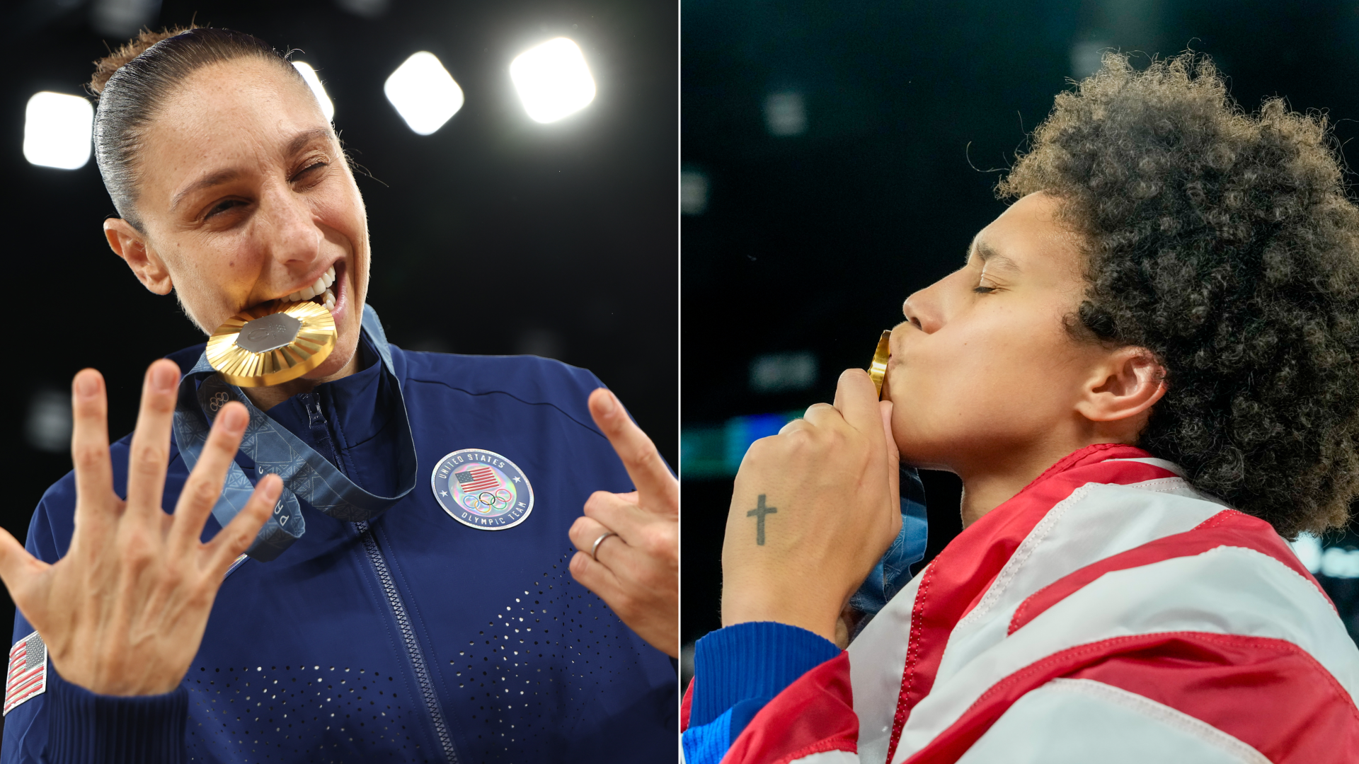 Side by side images of two basketball players celebrating with their gold medals. 